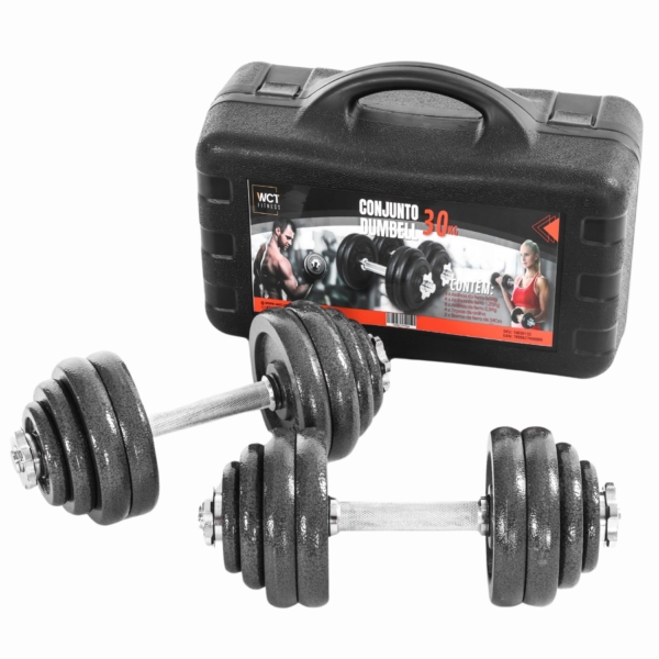 Kit Maleta Halteres Completa 30Kg Barra Anilha Dumbbell WCT