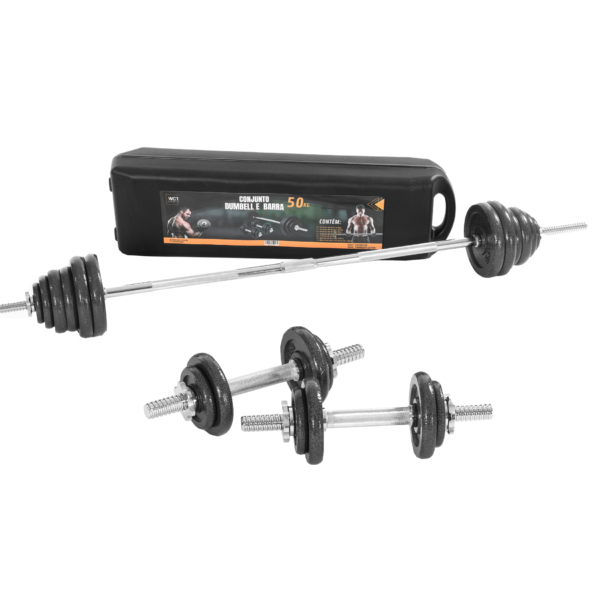 Kit Maleta Halteres Completa 50Kg Barra Anilha Dumbbell WCT